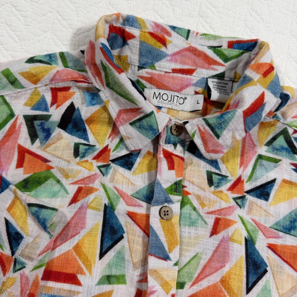 Mojito Collection Button Down Shirt Mens‎ L Multi Geometric Linen Blend EUC